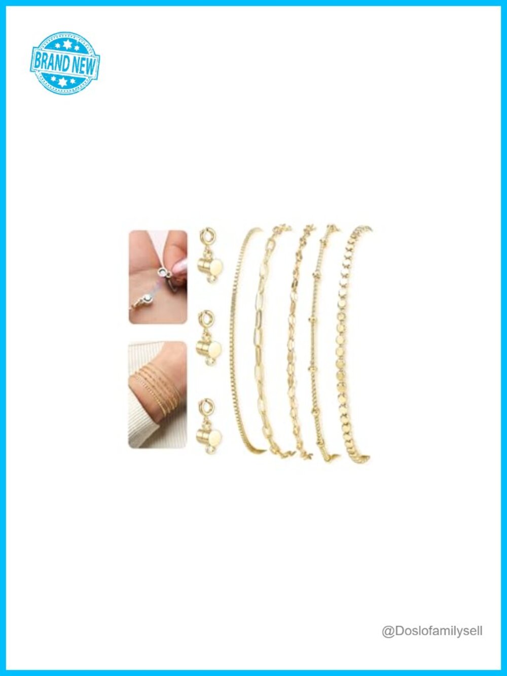 5-Pack Non Tarnish Link Chain Bracelets with Magnetic Clasps Helper Tool